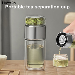 洛陽牡丹 雙層隔熱玻璃茶杯 帶茶過濾器的輕便便攜式旅行茶具 辦公室家用防漏不鏽鋼飲水杯300ml