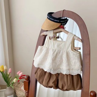 【全店免運】女童套裝洋氣背心刺繡娃娃衫2024中小童女寶無袖上衣花苞褲兩件套