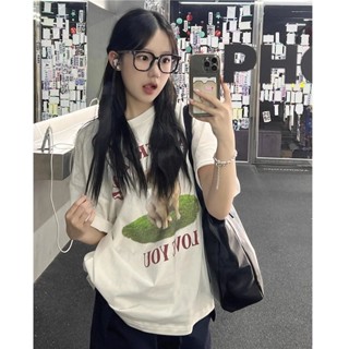 【HOT 本舖】 M-XXL純棉國潮oversize可愛小狗卡通短袖t恤女夏季寬鬆設計感上衣 短袖上衣 寬鬆 T恤