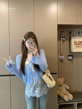 🔥臺灣出貨🔥 純欲蕾絲拼接內搭吊帶兩件套 韓系甜美鏤空防曬針織開衫女 夏季短版小外套外搭辣妹上衣 透膚穿搭必備