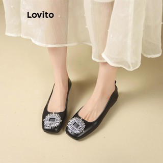 Lovito 休閒素色法式閃亮水鑽溫柔仙女風格銀色平底芭蕾舞鞋 LFA62013