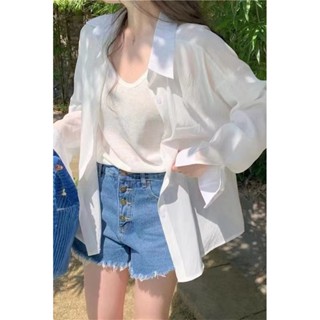 寬鬆襯衣春夏季襯衫內搭外穿長袖襯衫女[S320]冰絲防曬襯衫女夏季天絲薄款襯衣法式高階感長袖開衫上衣外套春秋