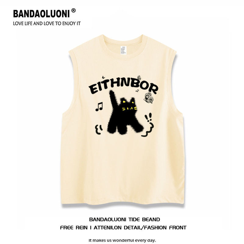 SJ  背心  .夏季  新款趣味貓咪印花  無袖t恤男女學生寬鬆  百搭坎肩背心  1