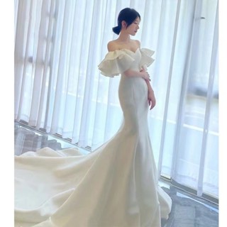 evening dress 高階 禮服裙 一字領輕婚紗新娘拖尾氣質森系法式緞面出門紗超仙旅拍女 現貨3/27