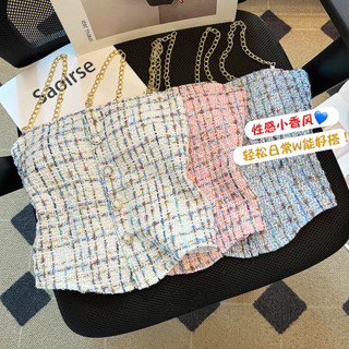 【臺灣出貨】法式格子彈性小香風辣妹設計感吊帶背心女內搭打底外穿帶胸墊上衣夏季吊帶背心性感辣妹方格背心彈力小可愛