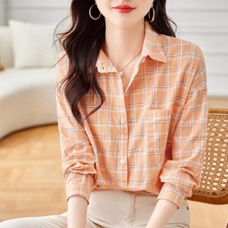 女式夏季寬鬆設計上衣復古襯衫棉質薄格子長袖襯衫