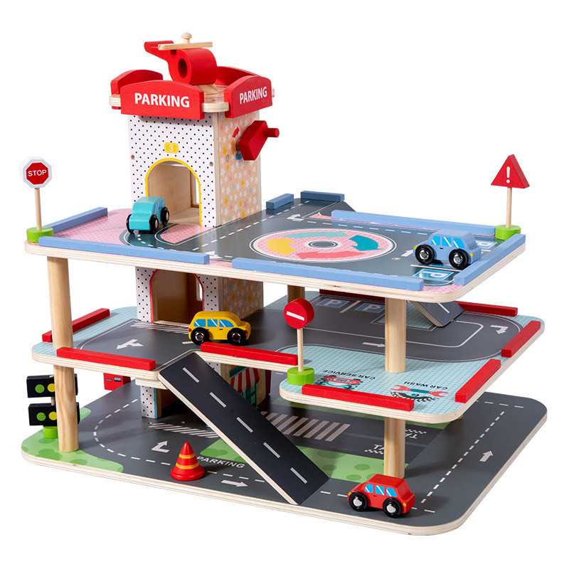 兒童木質過家家玩具 仿真大型立體三層停車場 玩具 套裝拼裝玩具 汽車軌道