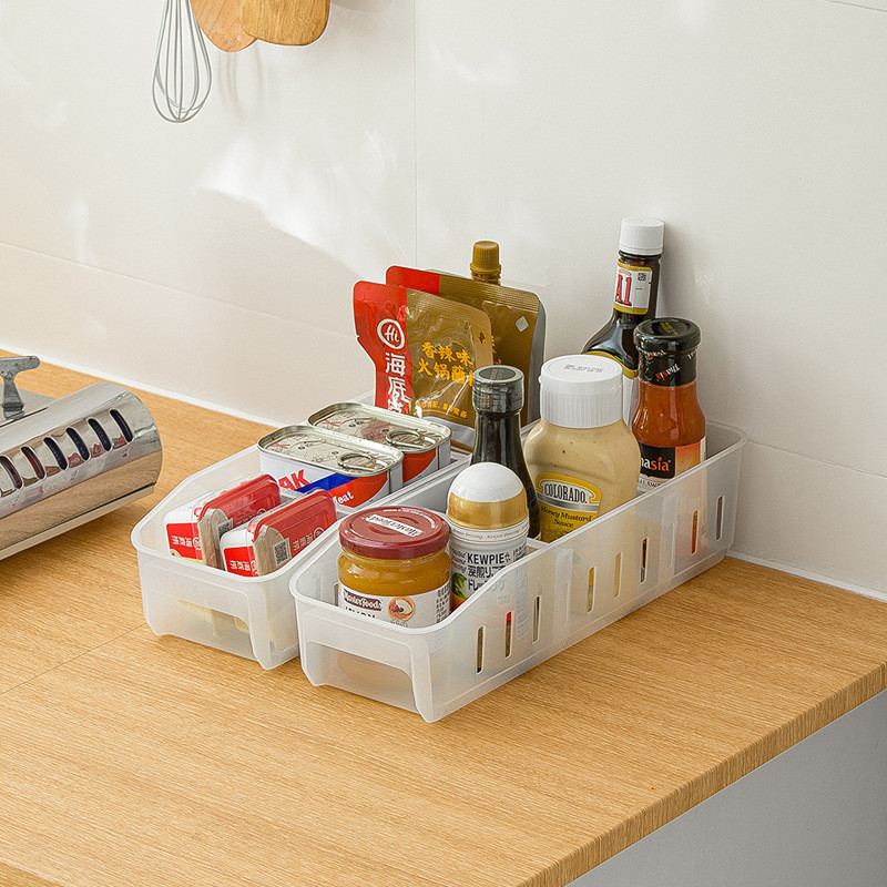 信達-收納控長型敞口-特能裝冰箱果蔬分隔收納盒-三分格易拉取抽屜式-PP透明磨砂食物保鮮盒