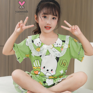 105-155CM 女童夏季透氣娃娃領短袖睡衣套裝 中大童公主卡通荷葉邊家居服 現貨 快速出貨