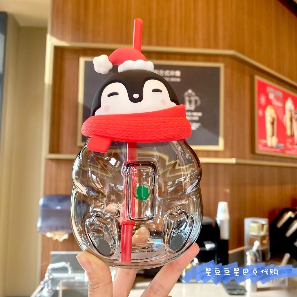星巴克22耶誕可愛企鵝造型耐熱玻璃大容量吸管杯配矽膠杯蓋喝水杯