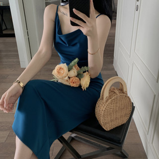 【桃喜Rich現貨】 法式洋裝 溫柔初戀吊帶洋裝 氣質垂感緞面連身裙 高階感蕩領吊帶裙長裙 宴會洋裝 緞面洋裝