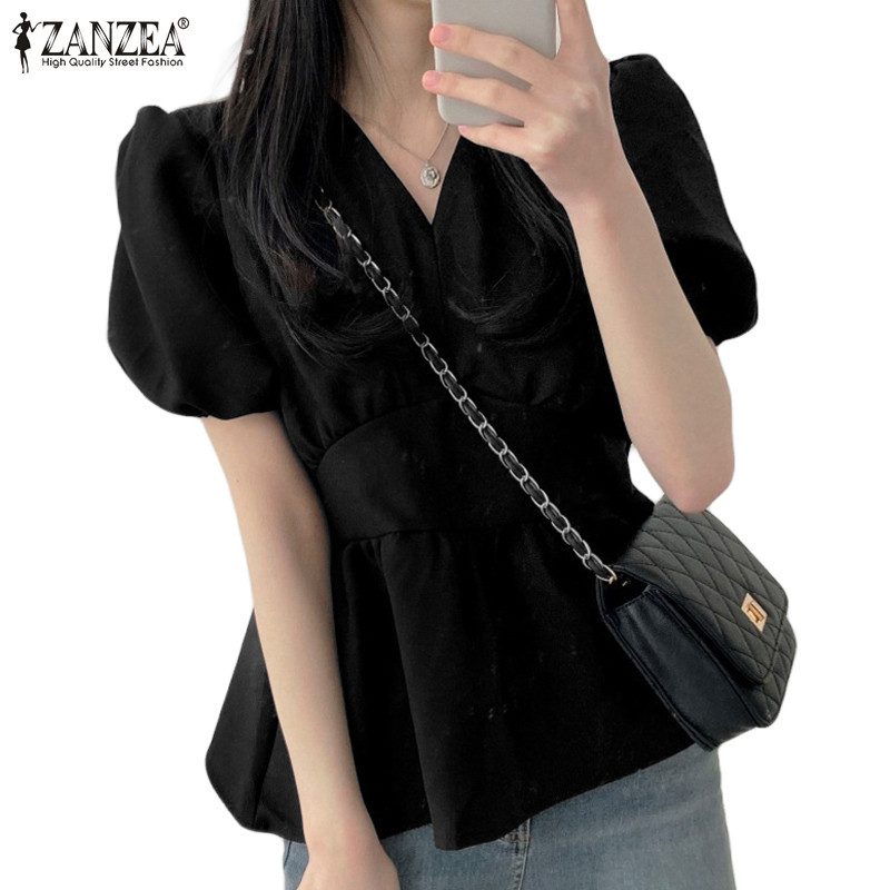 Zanzea 女式韓版時尚休閒簡約 V 領泡泡袖收腰襯衫