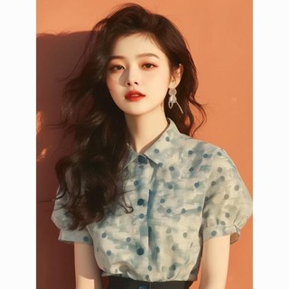 💖臺灣出貨💖翻領襯衫 短袖襯衫 女裝 今年流行漂亮小衫獨特別緻絕美上衣休閒洋氣減齡印花Polo短袖襯衫