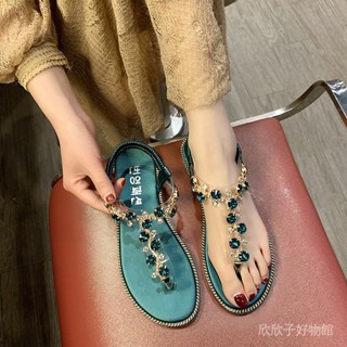 🔥免運水鑽夾趾涼鞋女2024夏新款套腳平底涼鞋大碼外貿女鞋廠傢復古 厚底 增高 英倫風 輕量