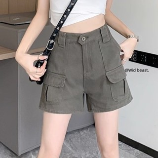 【Uni】美式復古口袋工裝牛仔短褲女 夏季新款顯瘦高腰寬褲 寬鬆a字短褲 休閒褲 工裝褲 休閒短褲