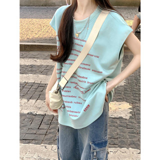新店特惠，現貨秒出，美式復古彈幕字母無袖運動背心T恤女夏季無袖寬鬆設計感小眾上衣美式復古上衣美式復古背心