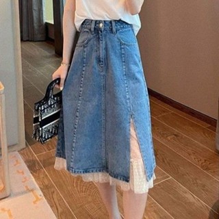 現貨.裙子 韓版蕾絲拼接牛仔半身裙女2024夏季新款韓版寬鬆百搭膝蓋裙中長款傘裙 黑色短裙 短褲裙 牛仔連身裙 短裙a字
