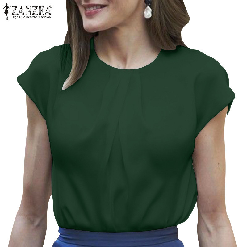 Zanzea 女式複古圓領褶襉短袖純色襯衫