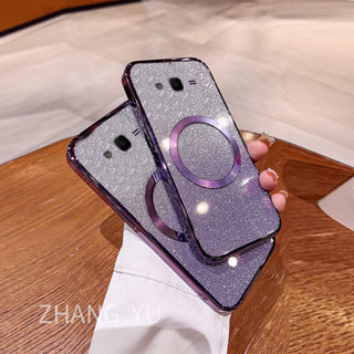 SAMSUNG 外殼三星j2 j5 j7 prime j730手機殼磁吸貼片新款漸變光澤紙閃粉透明電鍍兩用軟殼