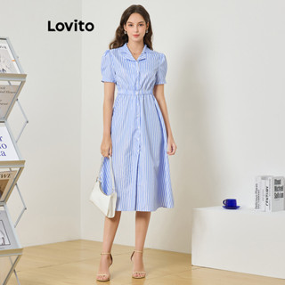 Lovito 女士休閒條紋泡泡袖洋裝 L80ED190