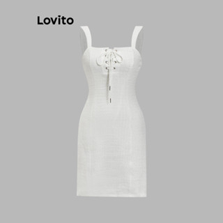 Lovito 女士休閒素色抽繩交叉抽繩正面洋裝 L86ED186