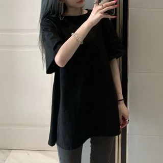 《現貨下單》100%純棉短袖黑色t恤女韓版上衣寬鬆夏季新款素色圓領顯瘦中長款