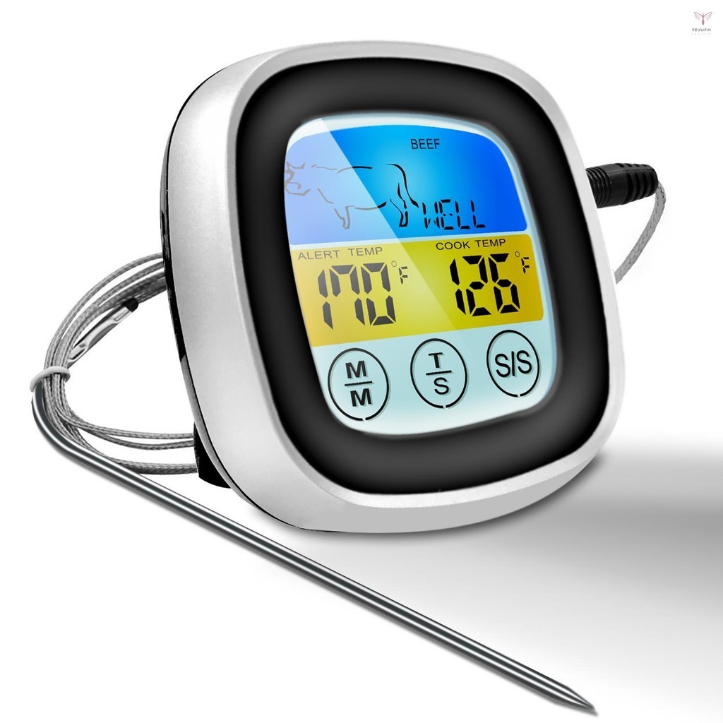Uurig)即時讀取肉類溫度計 40 英寸探頭線數字烤箱安全食品溫度計,用於烹飪,帶有敏感顏色 LCD 顯示屏,適用於燒