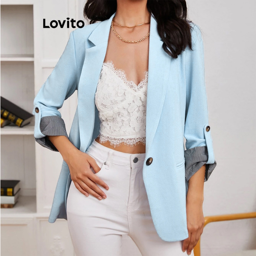 Lovito 女士休閒條紋布料拼接琴扣凹口領西裝外套 LBL10036