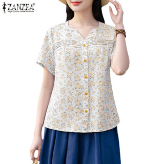 Zanzea 女式韓版休閒 V 領短袖條紋鈕扣印花襯衫