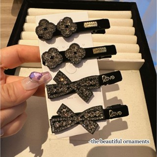 黑色絲絨髮夾輕奢氣質閃鑽蝴蝶結花朵鴨嘴夾前額側邊夾髮飾