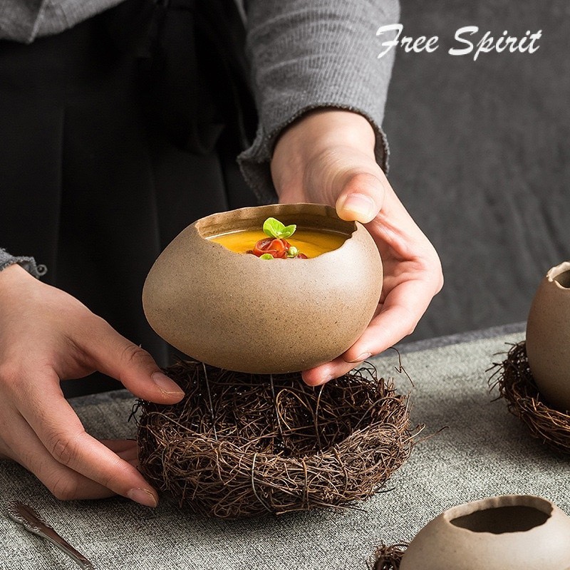 【Free Spirit】創意鴕鳥蛋殼碗 甜品碗 陶瓷碗 鳥巢鴕鳥蛋 小紅書同款 蒸蛋碗 餐具 擺盤
