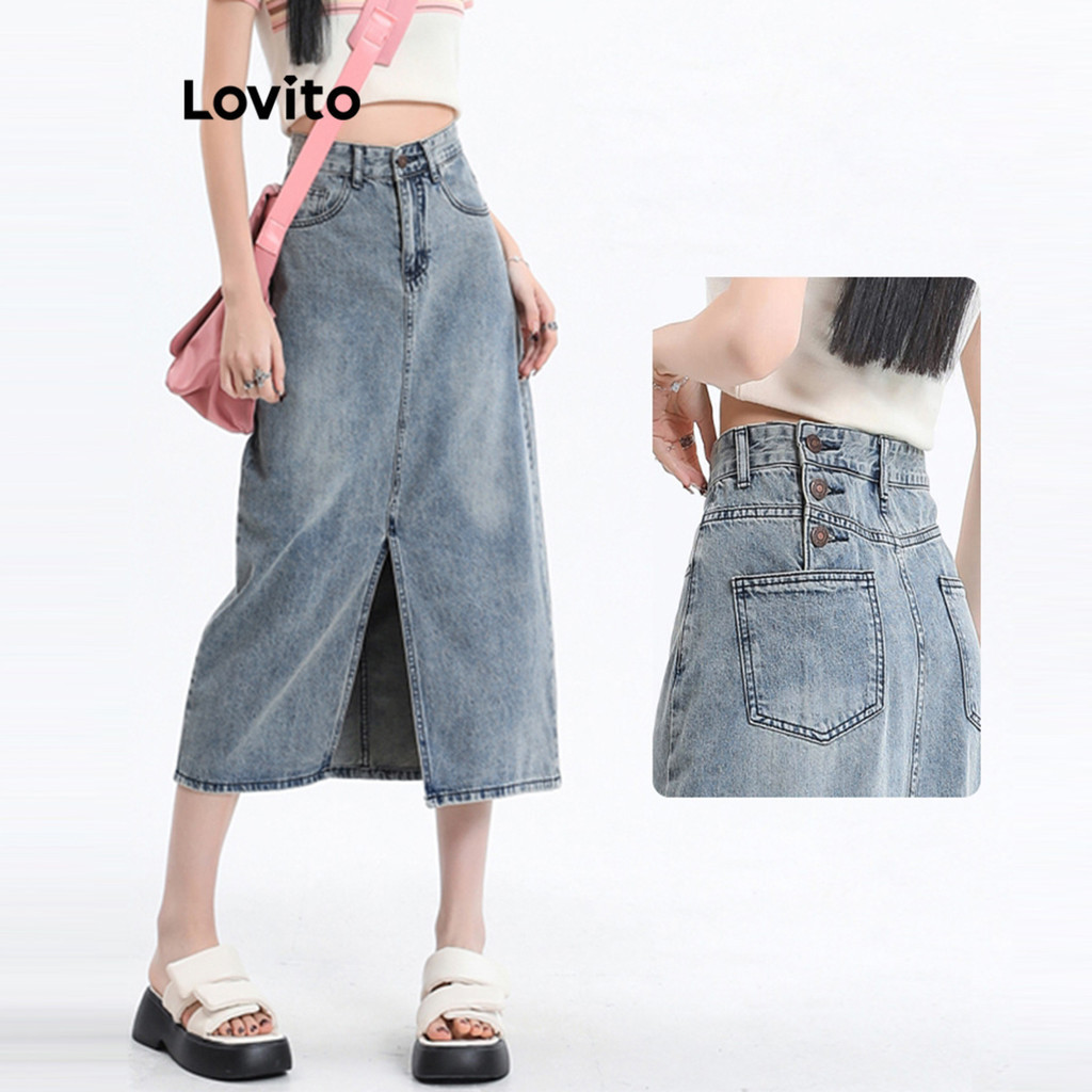 Lovito 女款休閒素色羈扣口袋牛仔裙 L85AD192