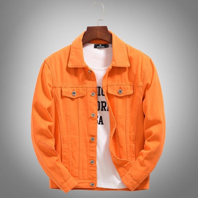 潮流新款春秋季牛仔外套男寬鬆大尺碼韓版桔色橘色橙色休閒帥氣上衣夾克高品質