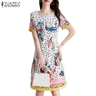 Zanzea 女式韓國街頭時尚派對印花短袖下擺連衣裙