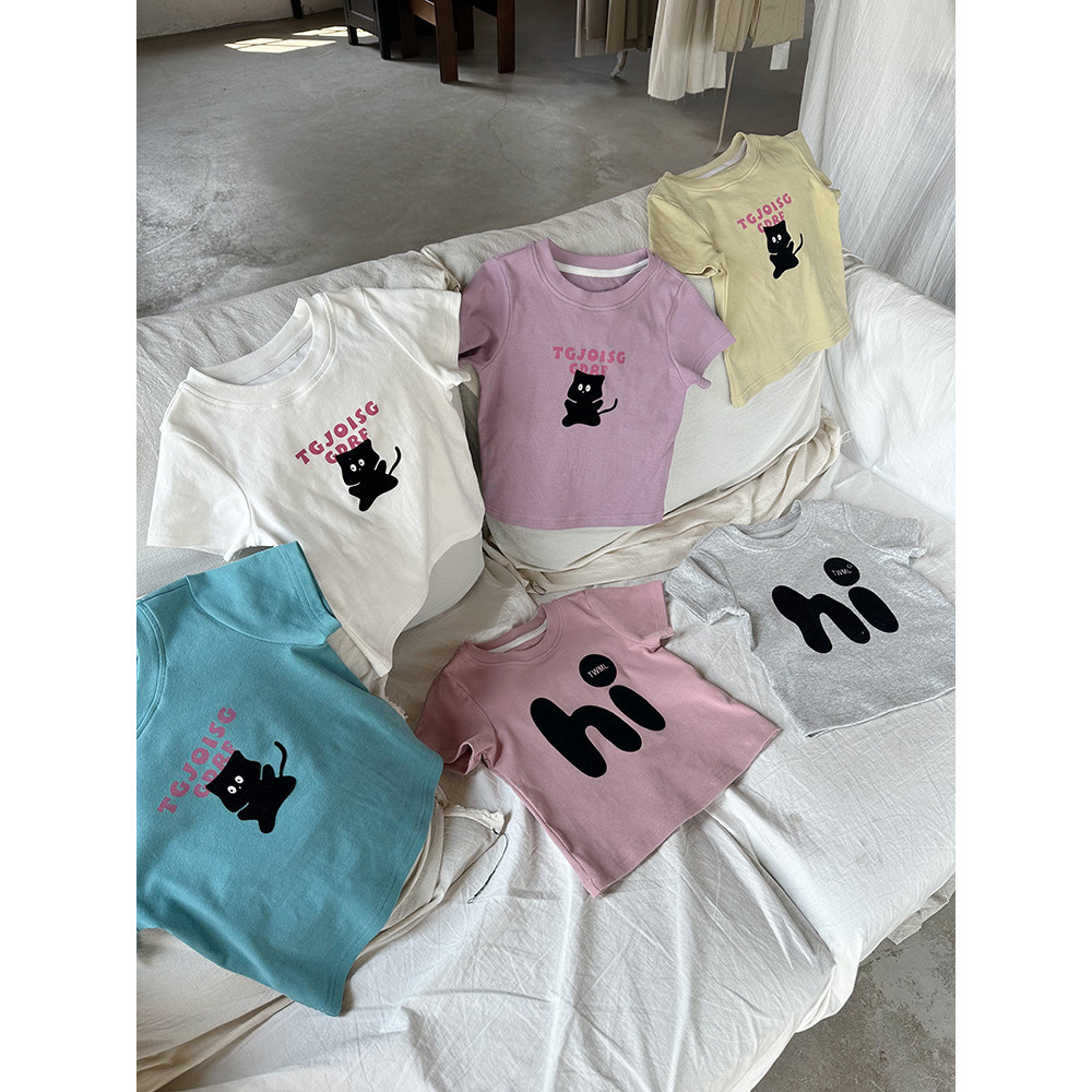 ✨HIKIDS✨兒童植絨韓系印花T恤 2024夏季新款韓版男女童上衣 卡通貓咪短袖T恤