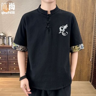 {簡尙}民族風短袖上衣 中式刺繡夏季中國風寬鬆棉麻短袖大尺碼上衣 唐裝五分男士復古短袖 亞麻短袖T恤
