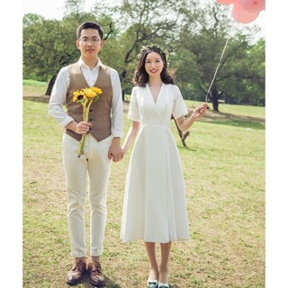 輕婚紗 婚紗 婚紗道具 法式緞面輕婚紗旅拍白色簡約小個子領證登記小禮服復古顯瘦小白裙