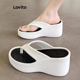 Lovito 休閒素色人字拖時尚坡跟厚底增高防滑女式外平底涼鞋 LFA62266