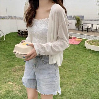 ELLAS穿搭 短版針織開衫女 小外套 夏季女裝 韓國上衣 冰絲防曬衣女 空調衫 披肩 薄款外搭 長袖上衣 女生衣服