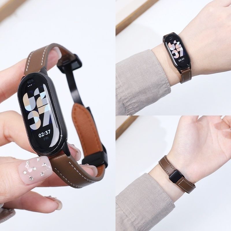 適用小米手環8NFC版錶帶7代6/5/4腕帶細款運動真皮質金屬磁吸扣