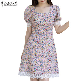 Zanzea 女式韓版時尚方領泡泡袖 A 袖收腰連衣裙