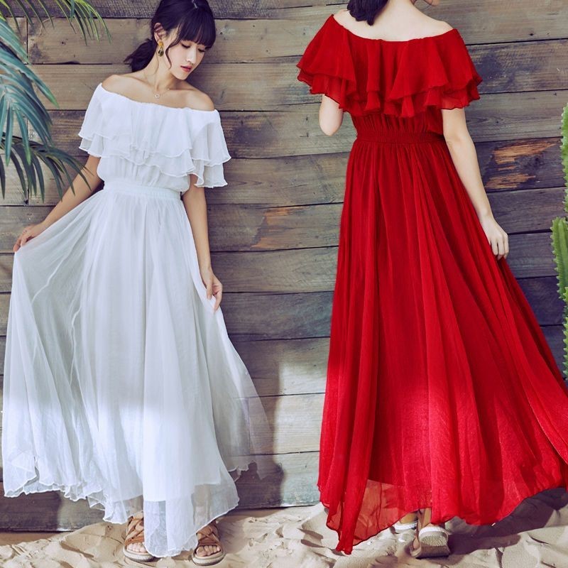 【現貨】韓版 長版洋裝 夏季旅行紅白色度假沙灘裙一字領素色仙女長裙 連身裙 大尺碼女裝 洋裝