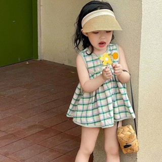 【現貨】童裝女童韓版2024夏季綠色小清新套裝女寶洋氣娃娃衫背心裙短褲兩件套