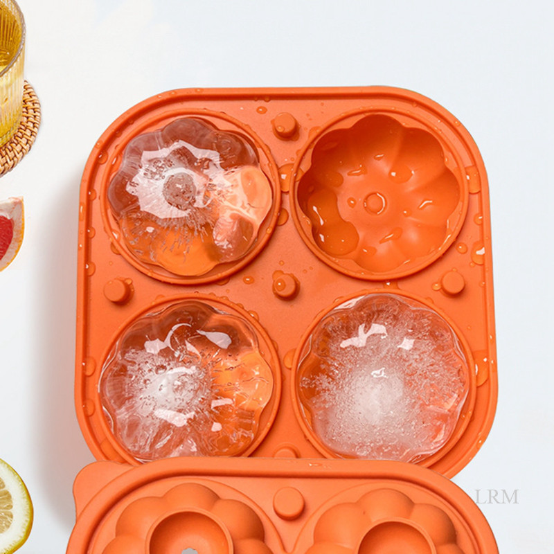 Lrm南瓜形製冰機4格矽膠冰淇淋模具冷凍奶油球機酒吧可重複使用威士忌雞尾酒模具