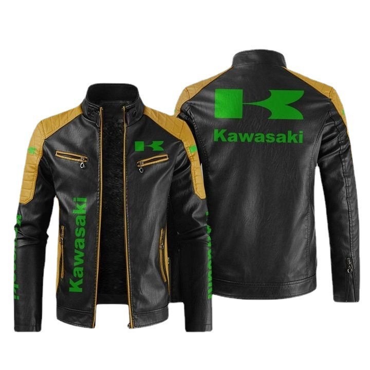 Kawasaki車標立領PU外套 防水保暖皮衣夾克 賽車騎行服