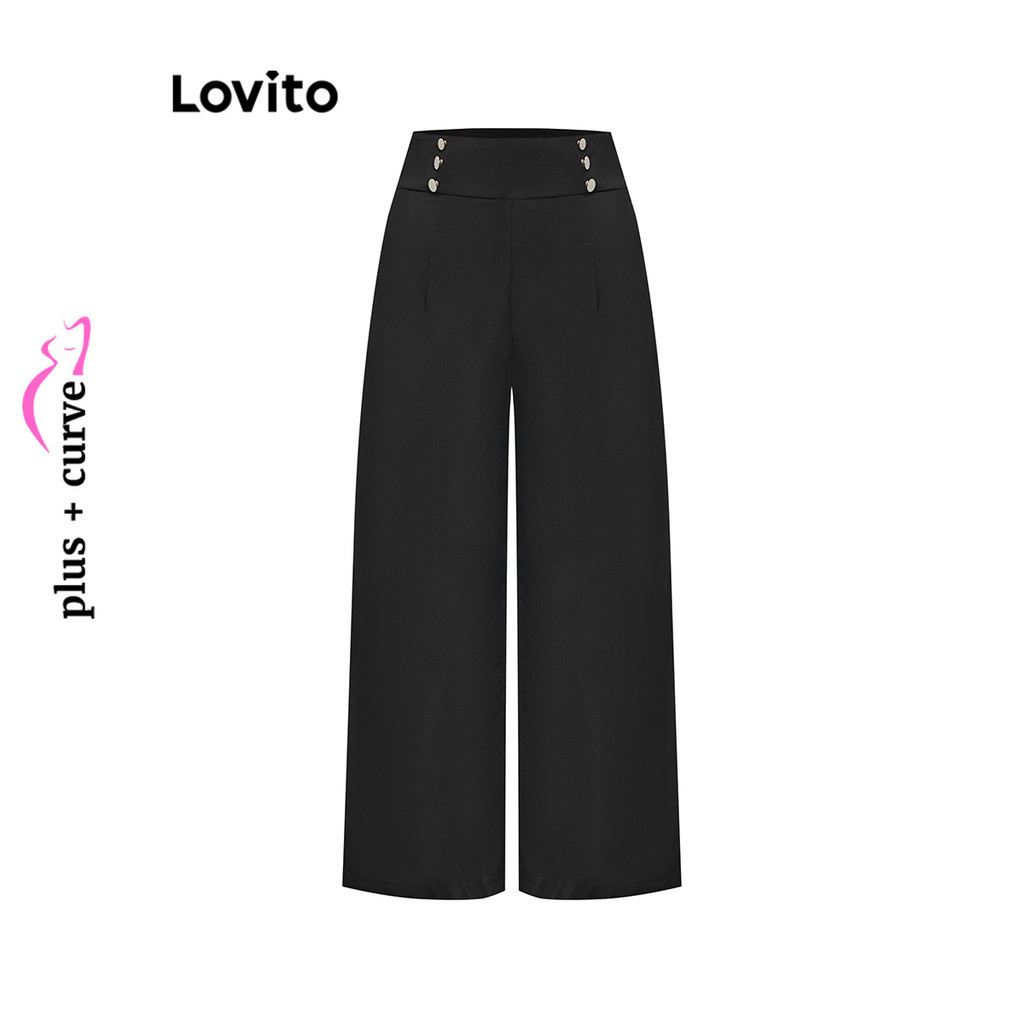 Lovito 大尺碼優雅素色女雙扣長褲 LBL11218