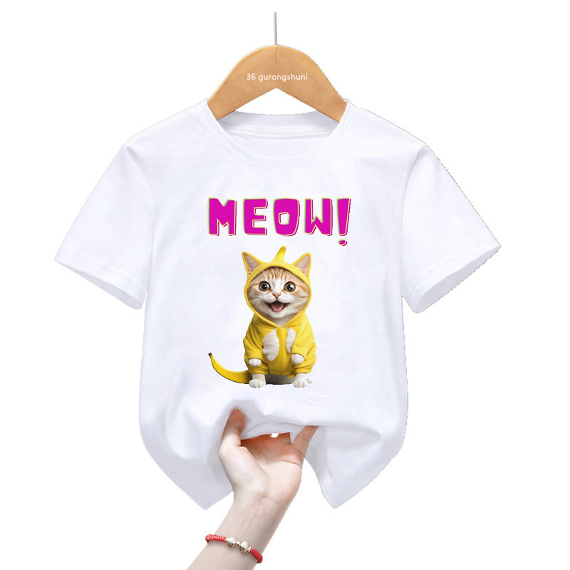 香蕉貓圖案印花 T 恤女孩/男孩搞笑兒童衣服夏季時尚短袖 T 恤原宿卡哇伊 T 恤
