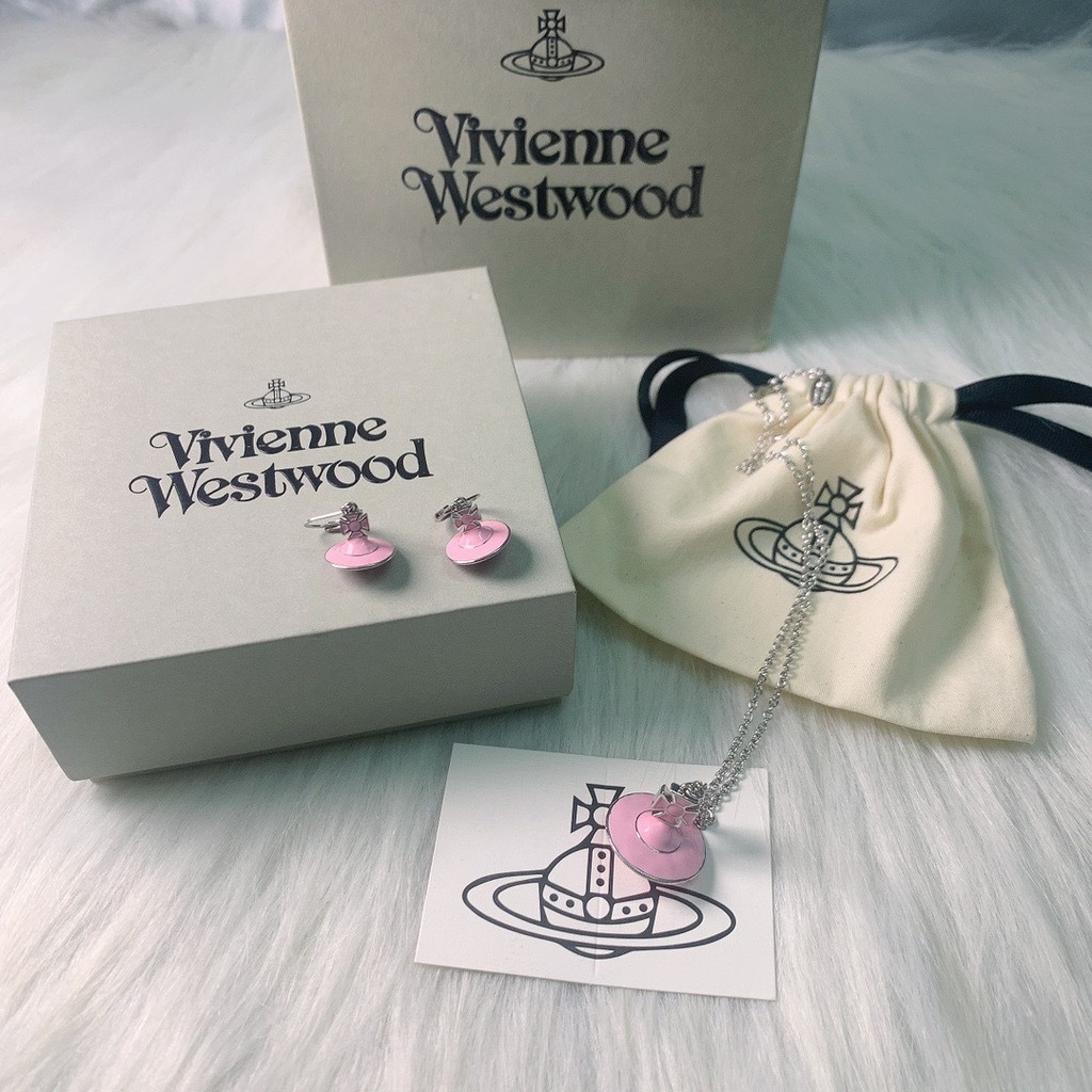 Vivienne Westwood 粉色滴膠立體土星orb項鍊耳環套裝 清新少女粉立體耳環項鍊