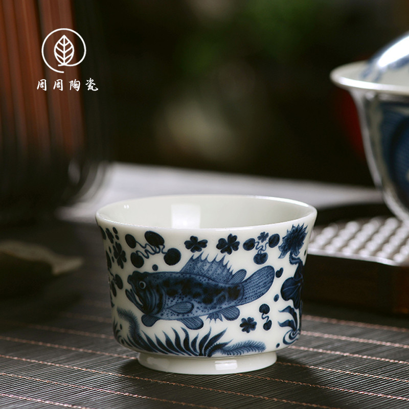 現貨景德鎮仿元青花魚藻紋主人杯家用會客陶瓷個人杯中式品茗杯茶杯