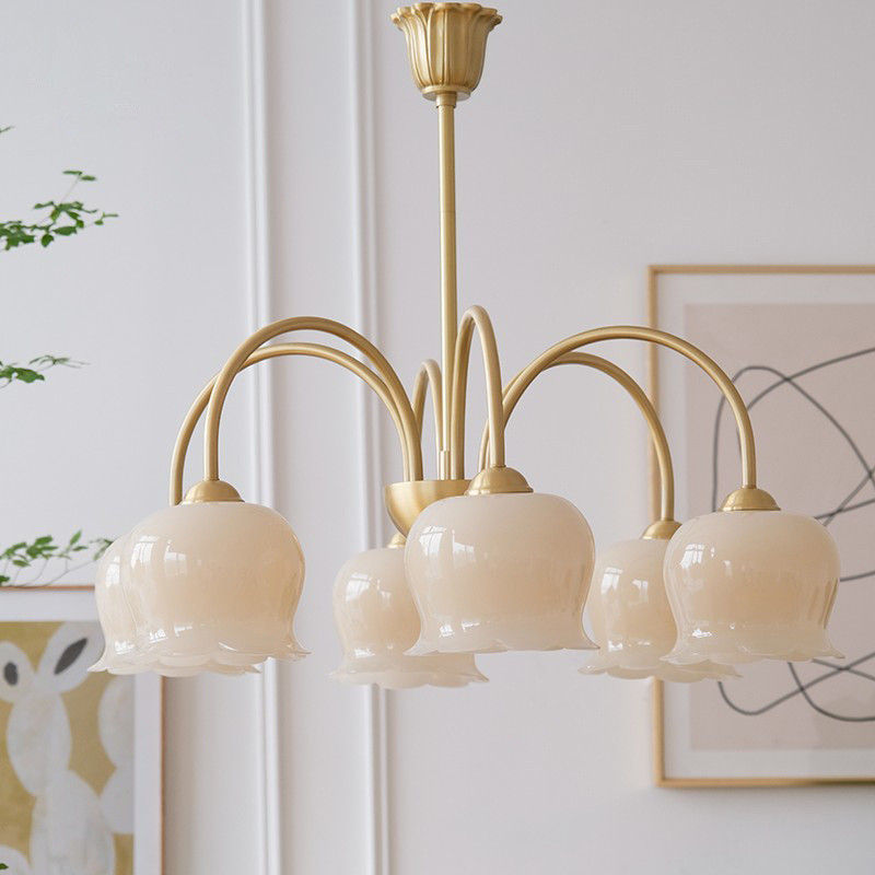 法式奶油風吊燈簡約仿玉石鈴蘭花朵全銅美式客廳餐廳衣帽間吊燈